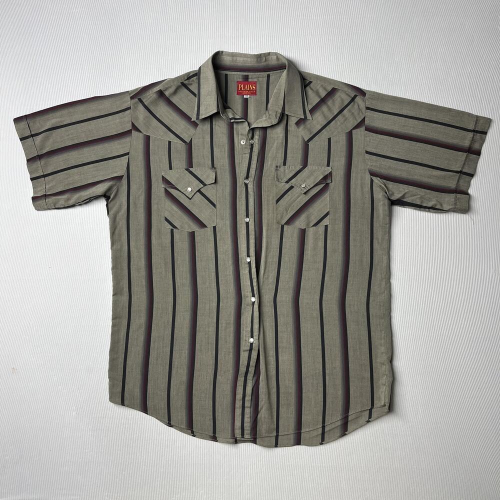 Plains Western Wear Shirt Mens XL Gray Stripe Short Sleeve Pearl Snap Pockets
